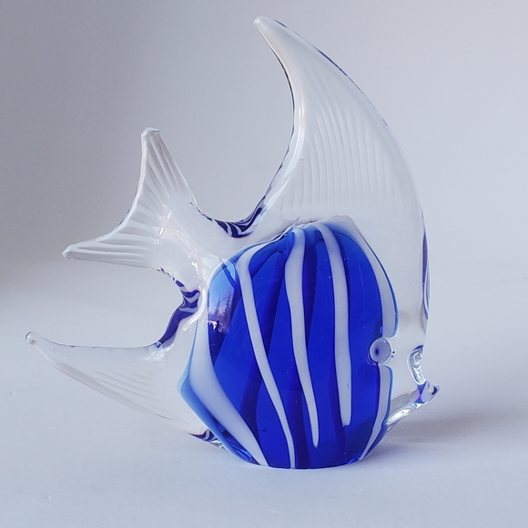 Murano Style Art Glass Angel Fish Blue & White Striped Handmade Paperweight - Picture 4 of 8